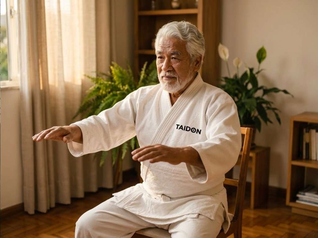 Grupo de homens idosos fazendo tai chi